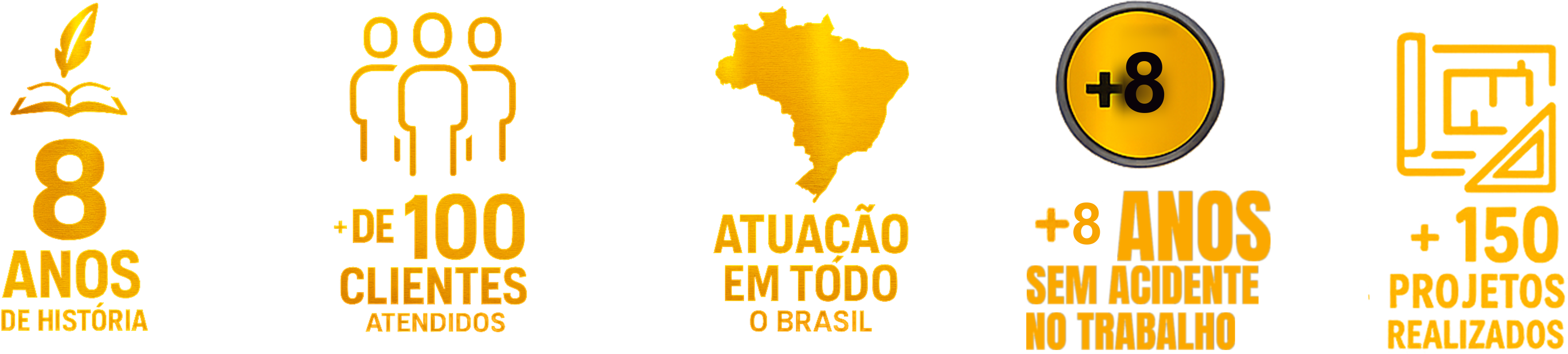 8 anos de história, + de 100 clientes atendidos, atuação em todo o Brasil, +8 anos sem acidente no trabalho, + 150 projetos realizados